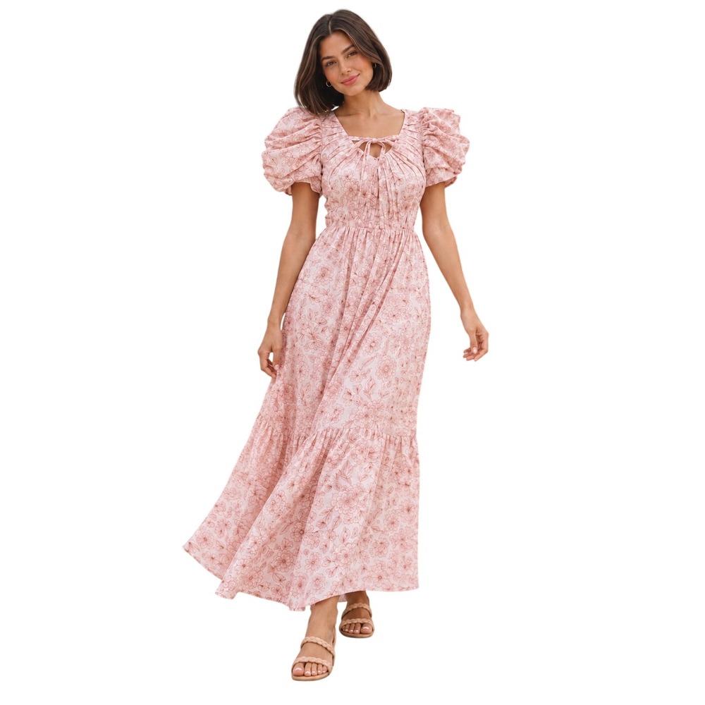 Ivy City Co Pink Floral Cotton Maxi Dress Puff Sleeve Smocked Romantic S